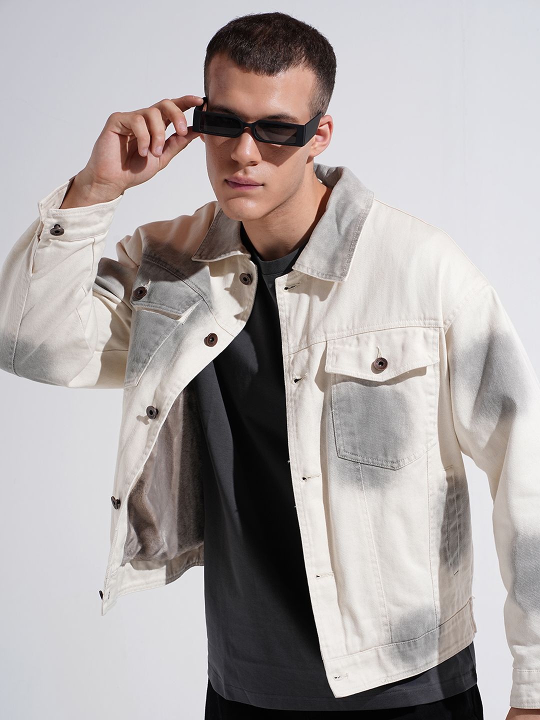 SHOWOFFFF Men Off White Tie-Dye Casual Denim Jacket