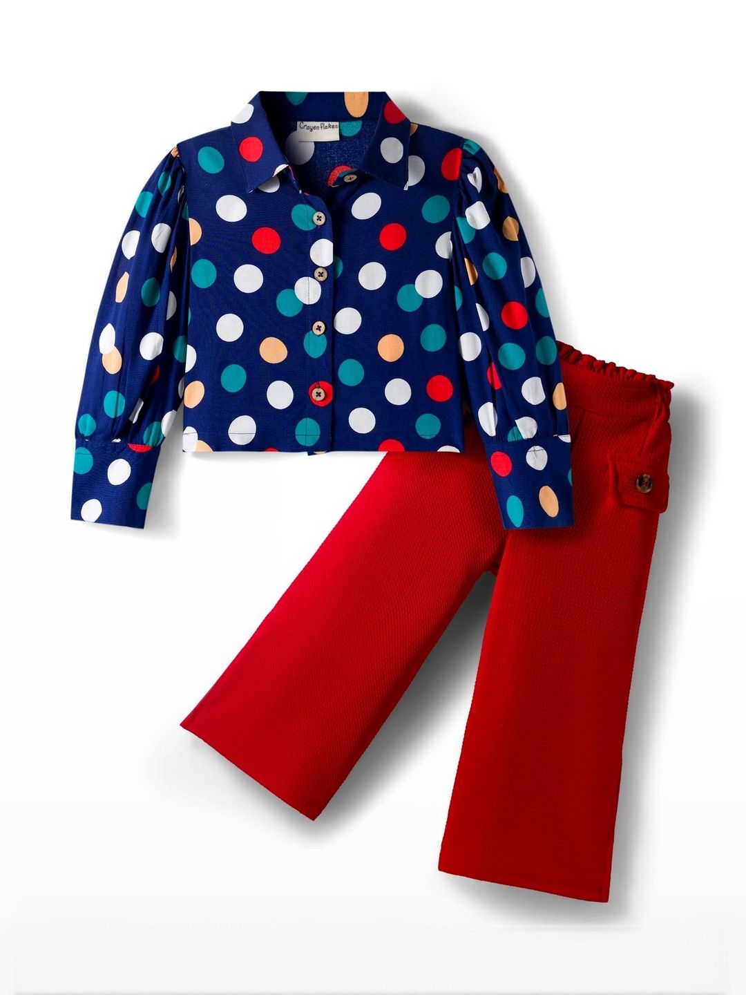 CrayonFlakes Girls Printed Shirt Collar Top With Pyjamas