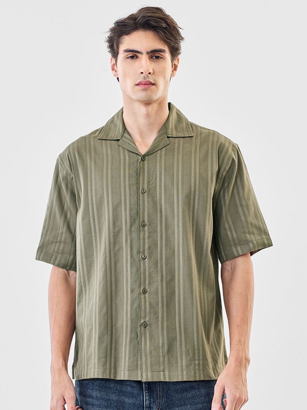 Snitch Men Vertical Striped Cuban Collar Pure Cotton Casual Shirt