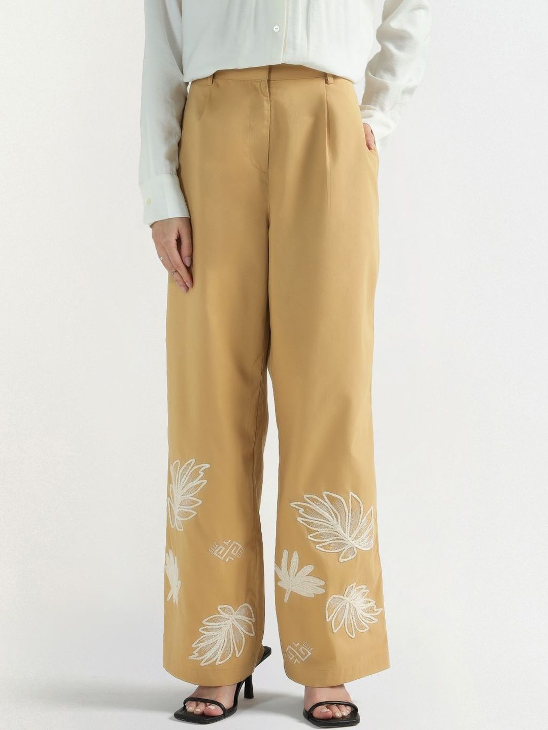 ELLE Women Floral Embroidered Regular Fit Mid-Rise Pure Cotton Trousers