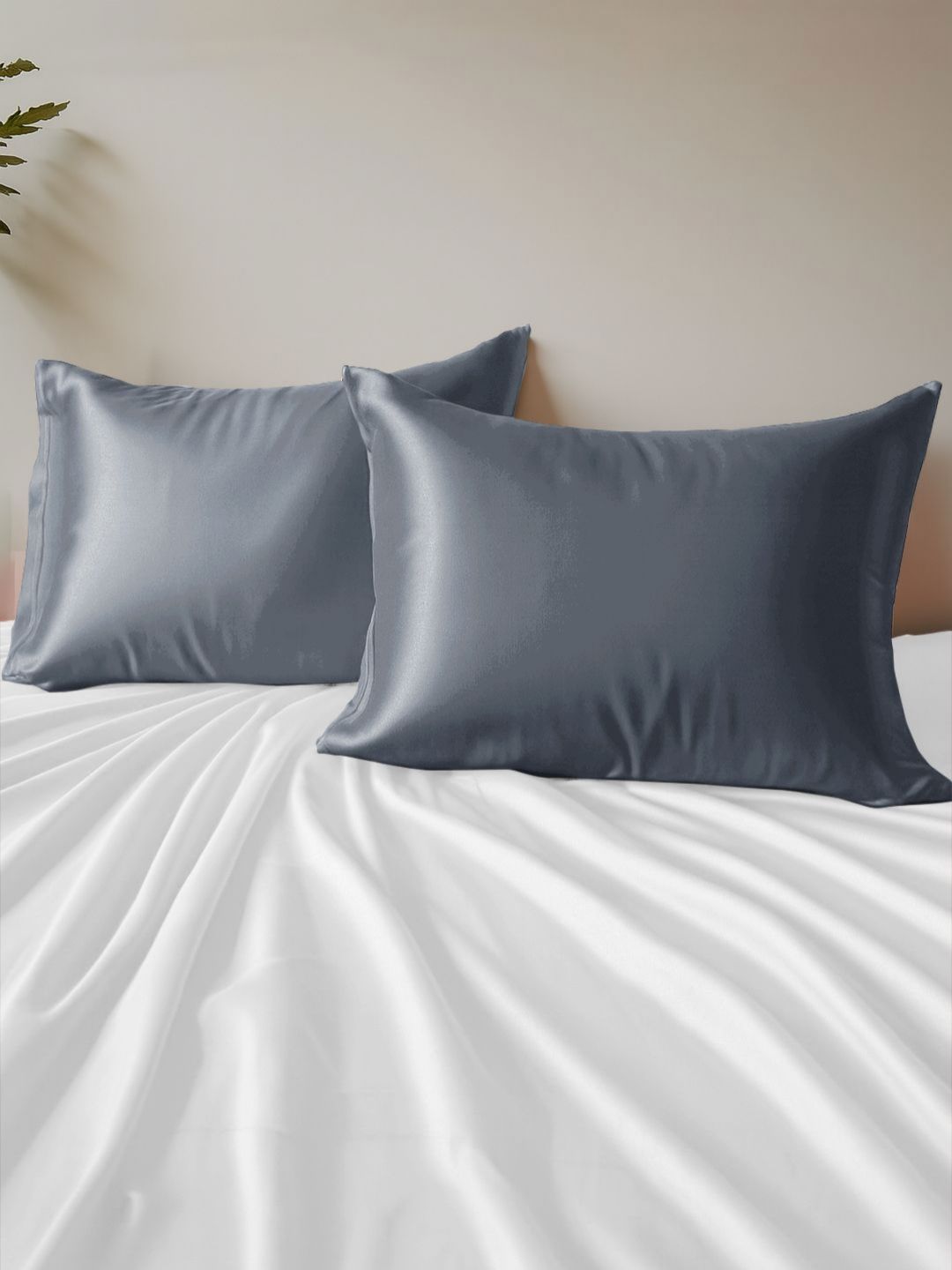 Arrabi Arrabi Dark Grey 2 Pieces Satin Rectangle Pillow Covers With Scrunchy