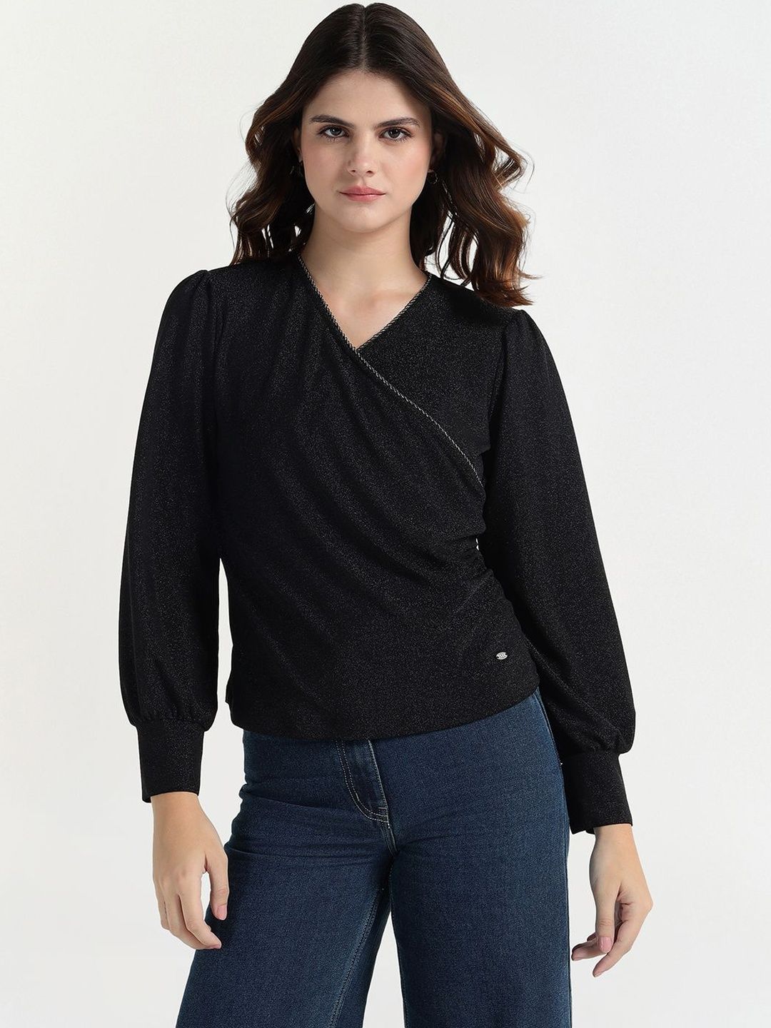 ELLE Women Self Design V-Neck Cuffed Sleeves Wrap Top