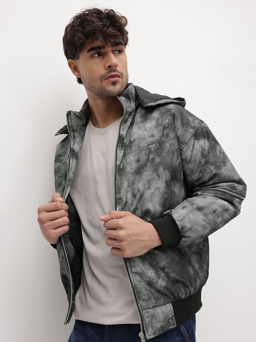 The Roadster Life Co. Camouflage Printed Padded Bomber Jacket with Detachable Hood