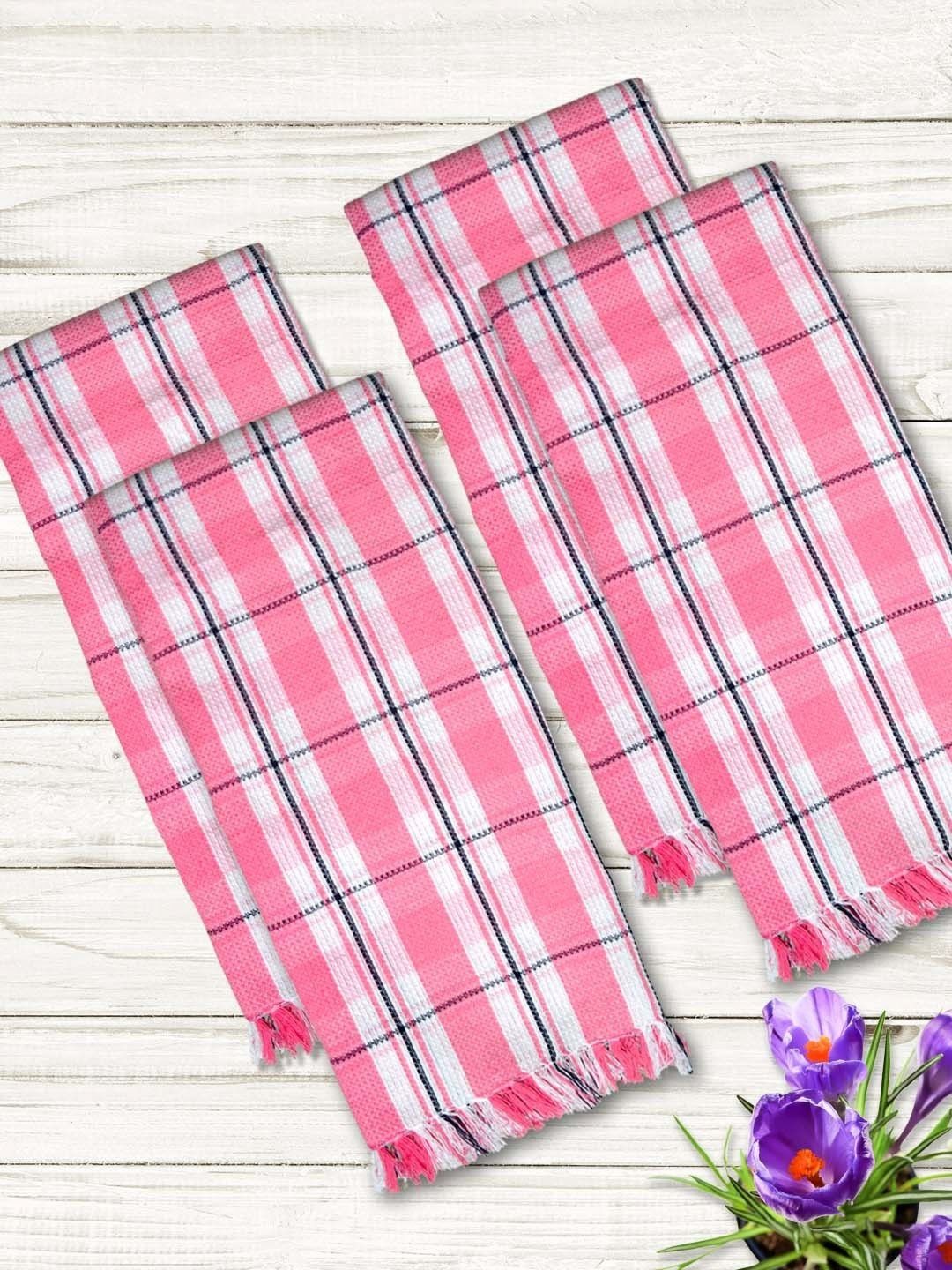 Athom Living Pink & White 4 Pieces Checkered Printed Cotton 210 GSM Thin Bath Towels