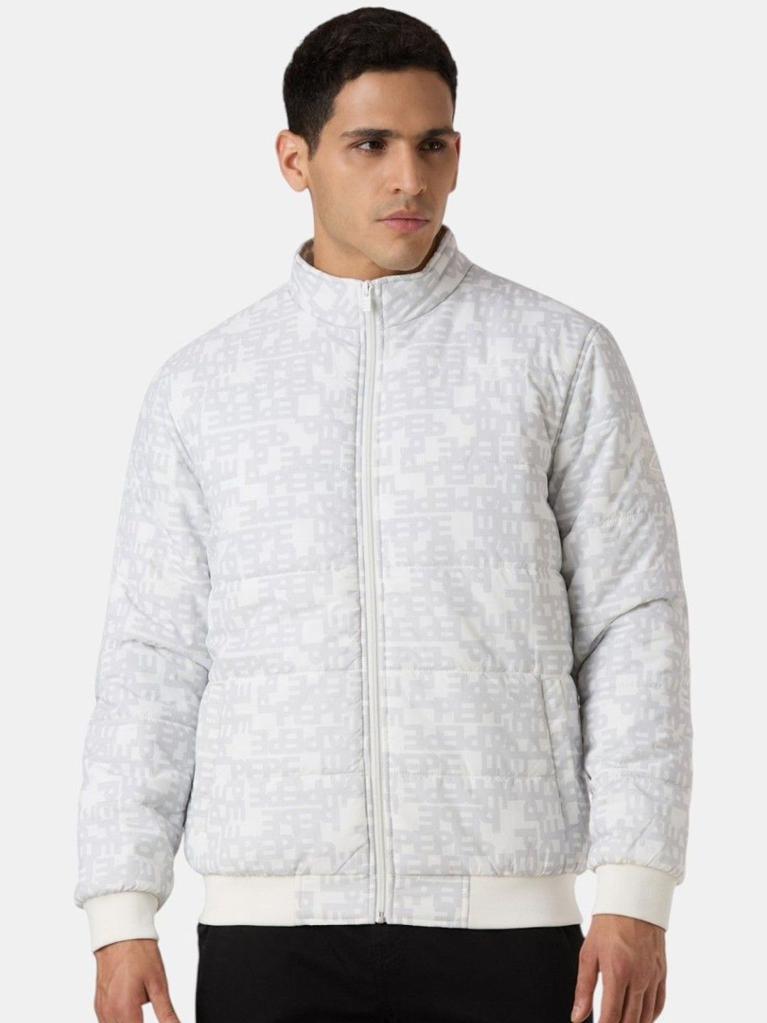 Pepe Jeans Men Mock Collar Geometric Printed Bomber Jacket