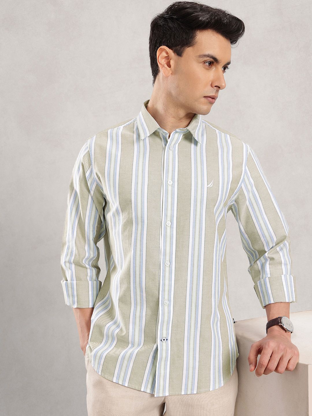 Nautica Slim Fit Striped Pure Cotton Casual Shirt