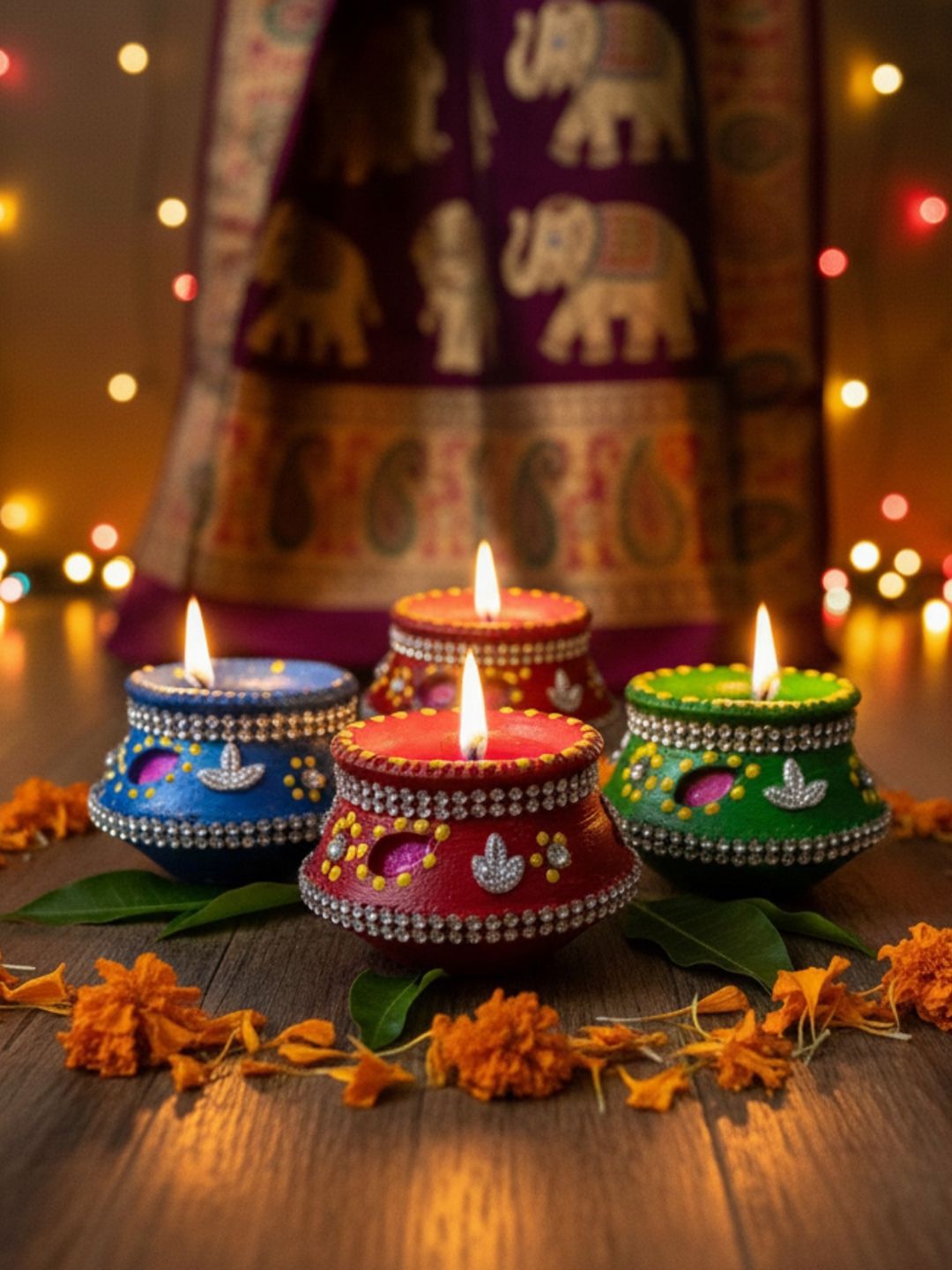 ExclusiveLane Green & Red 4 Pieces Embellished Jar Candle