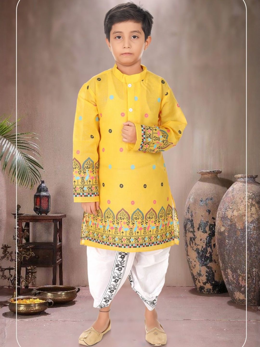 NEW GEN Boys Ethnic Motifs Printed Mandarin Collar Regular Straight Kurta with Dhoti Pants