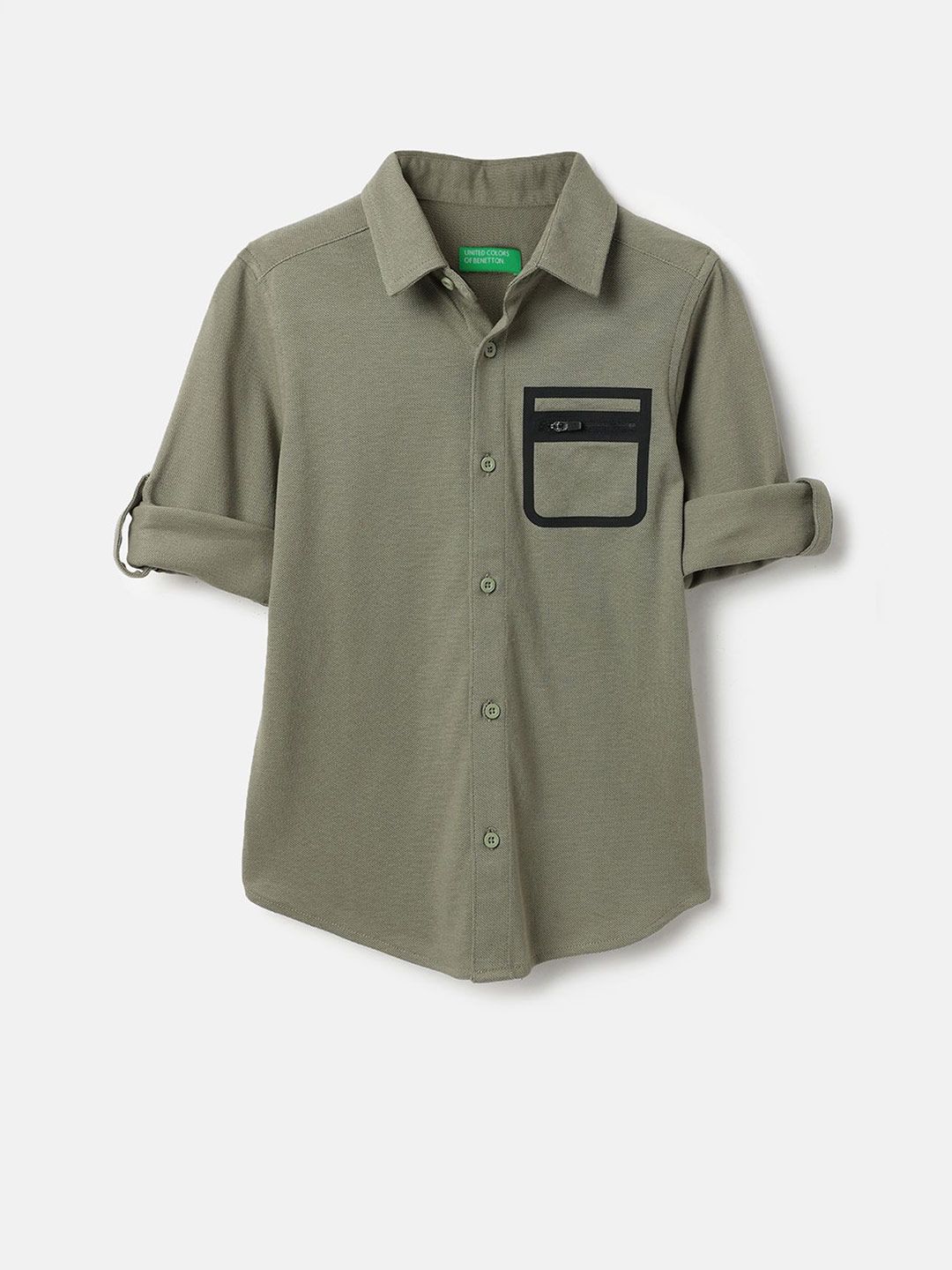 United Colors of Benetton Boys Textured Spread Collar Cotton Seam Seal Detail Casual Shirt