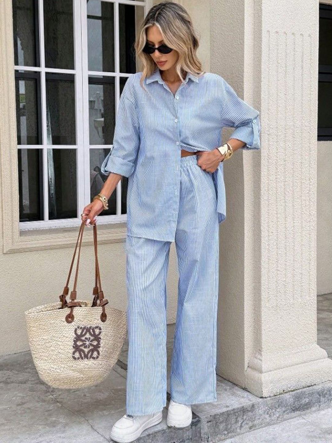 BAESD Striped Long Sleeves Cotton Blend Shirt With Trousers