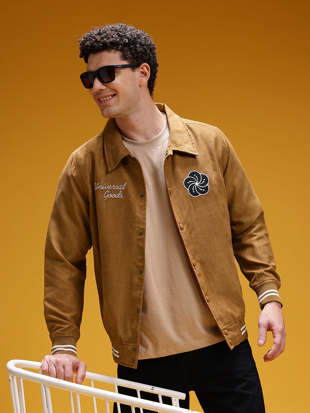 HERE&NOW Applique & Embroidered Detail Suede Finish Bomber Jacket