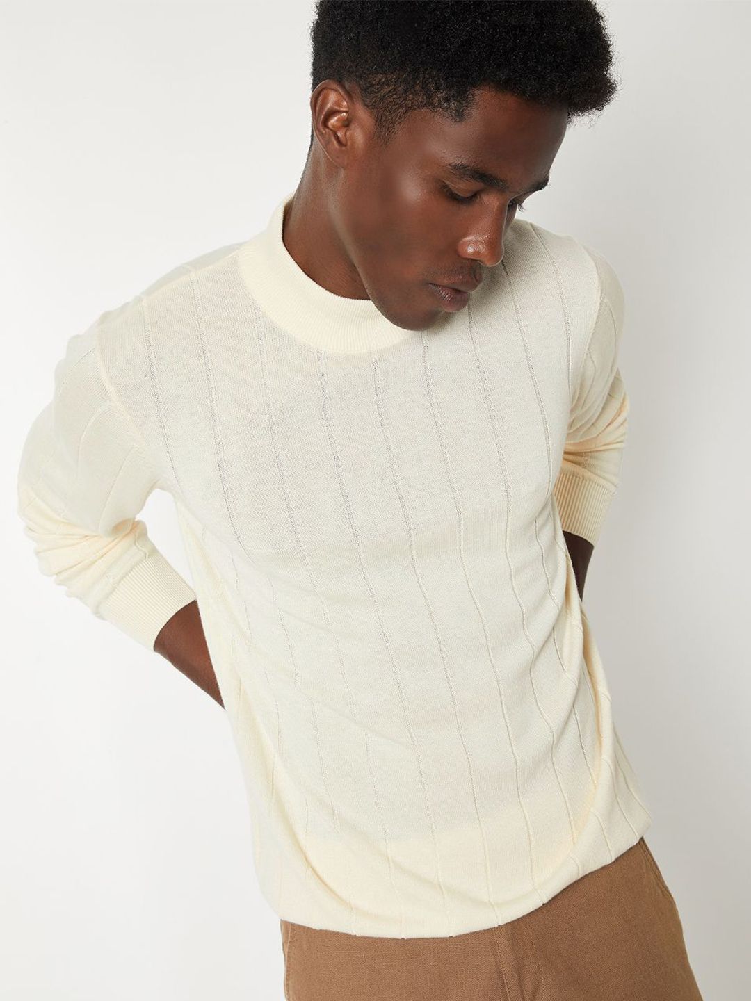 max Men Striped Round Neck Cotton Cardigan