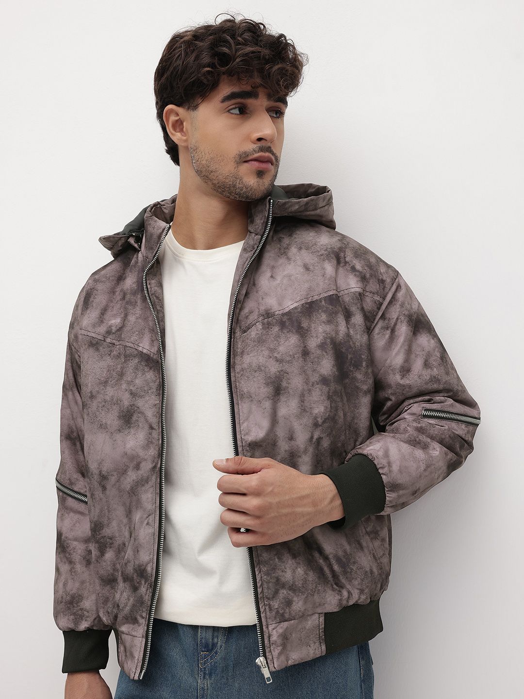 The Roadster Life Co. Camouflage Printed Padded Bomber Jacket with Detachable Hood