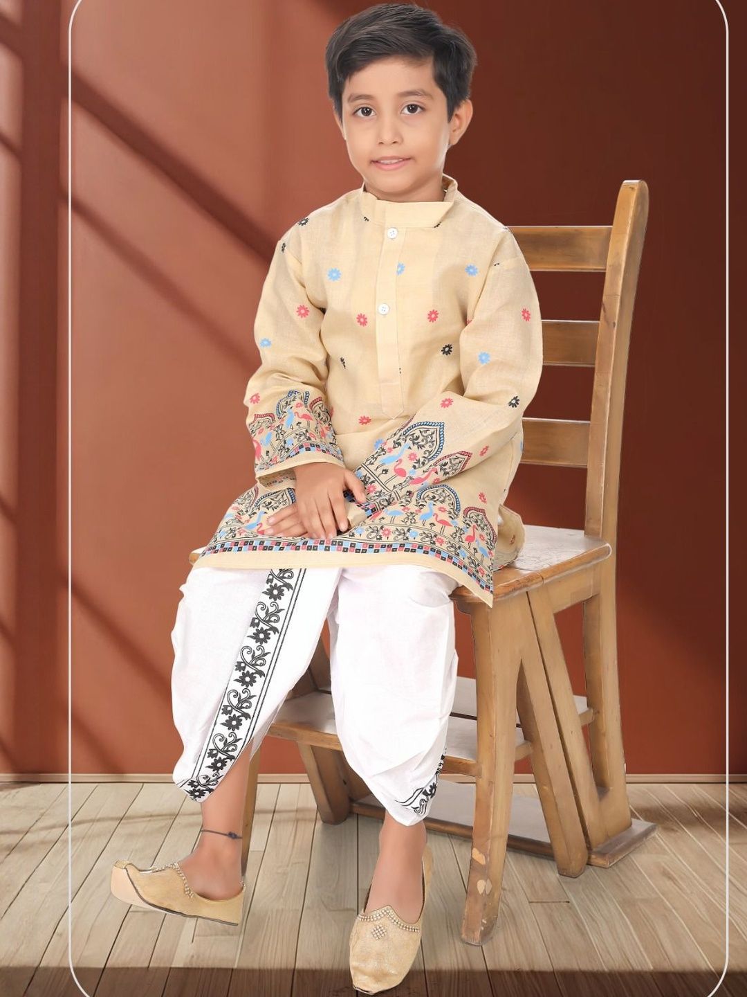 NEW GEN Boys Ethnic Motifs Printed Mandarin Collar Regular Straight Kurta with Dhoti Pants