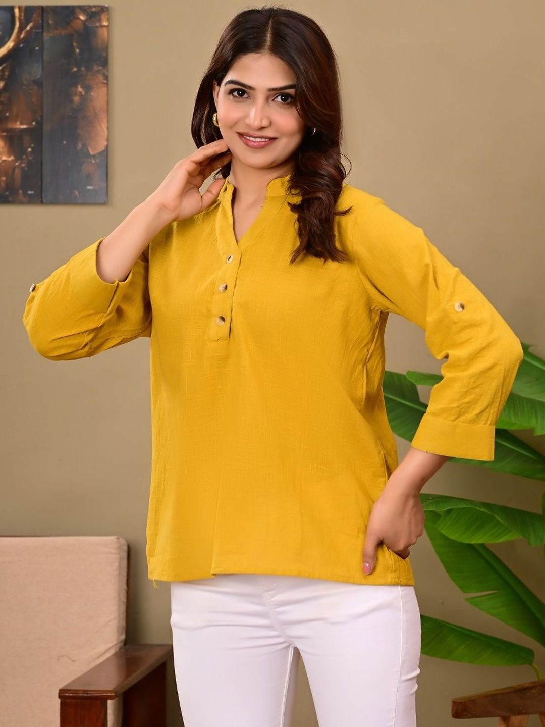 Ramyka Women Mandarin Collar Roll-Up Sleeves Pure Cotton Kurti