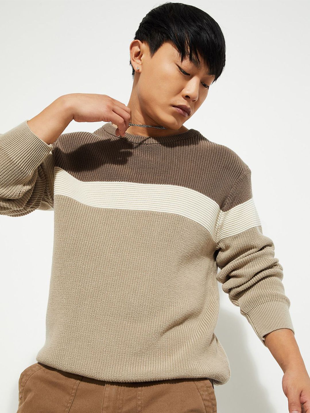 max Men Colourblocked Round Neck Cotton Cardigan