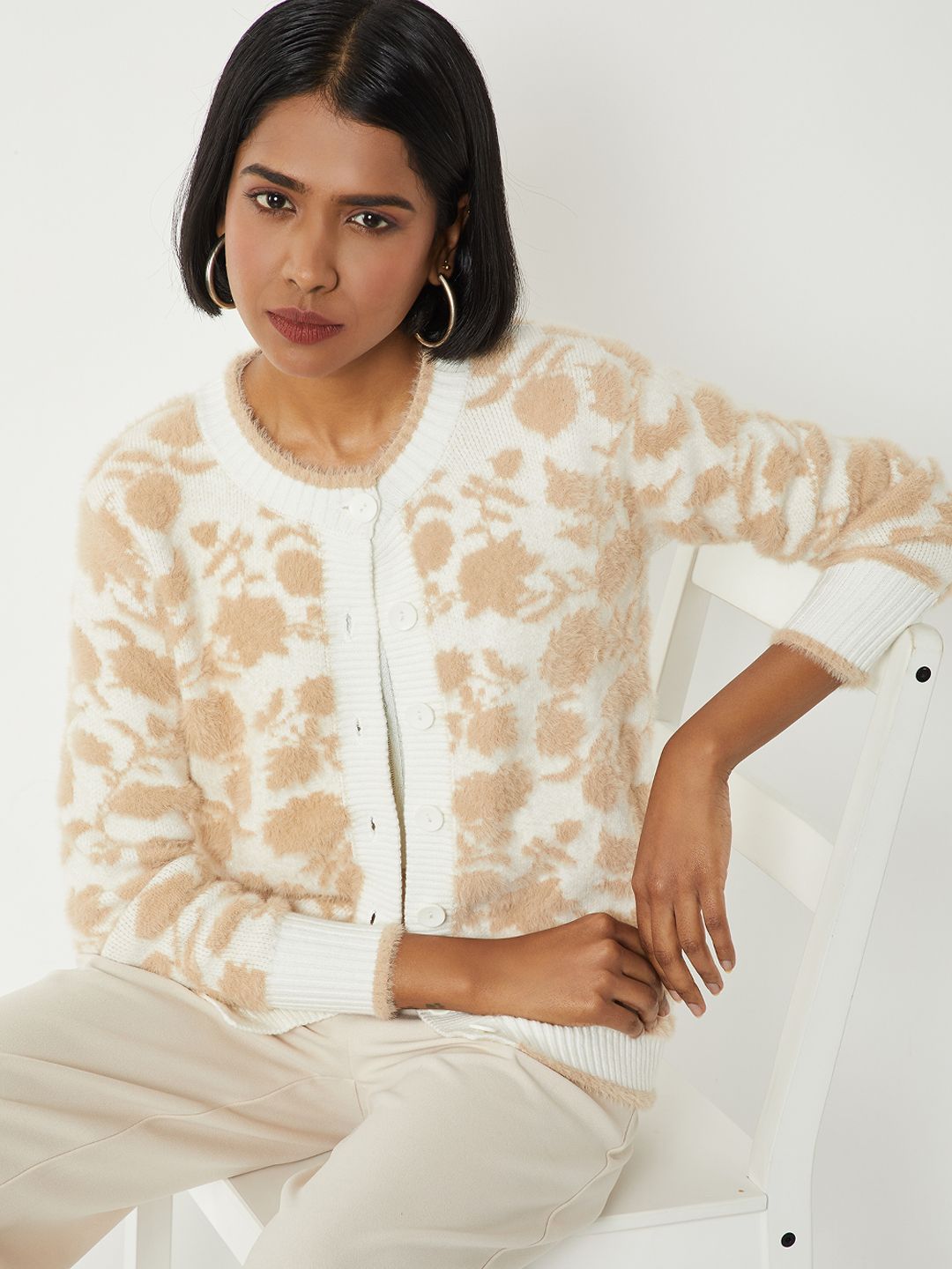 max max Women Abstract Printed Round Neck Cardigan