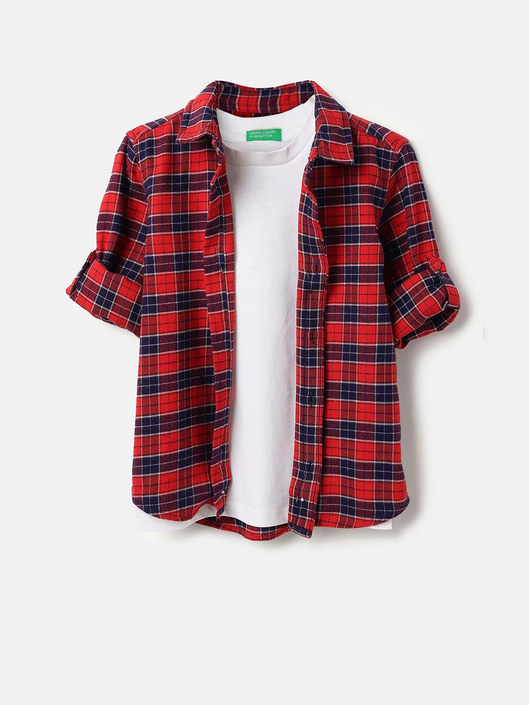 United Colors of Benetton Boys Tartan Checked Spread Collar Cotton Brushed Casual Shirt