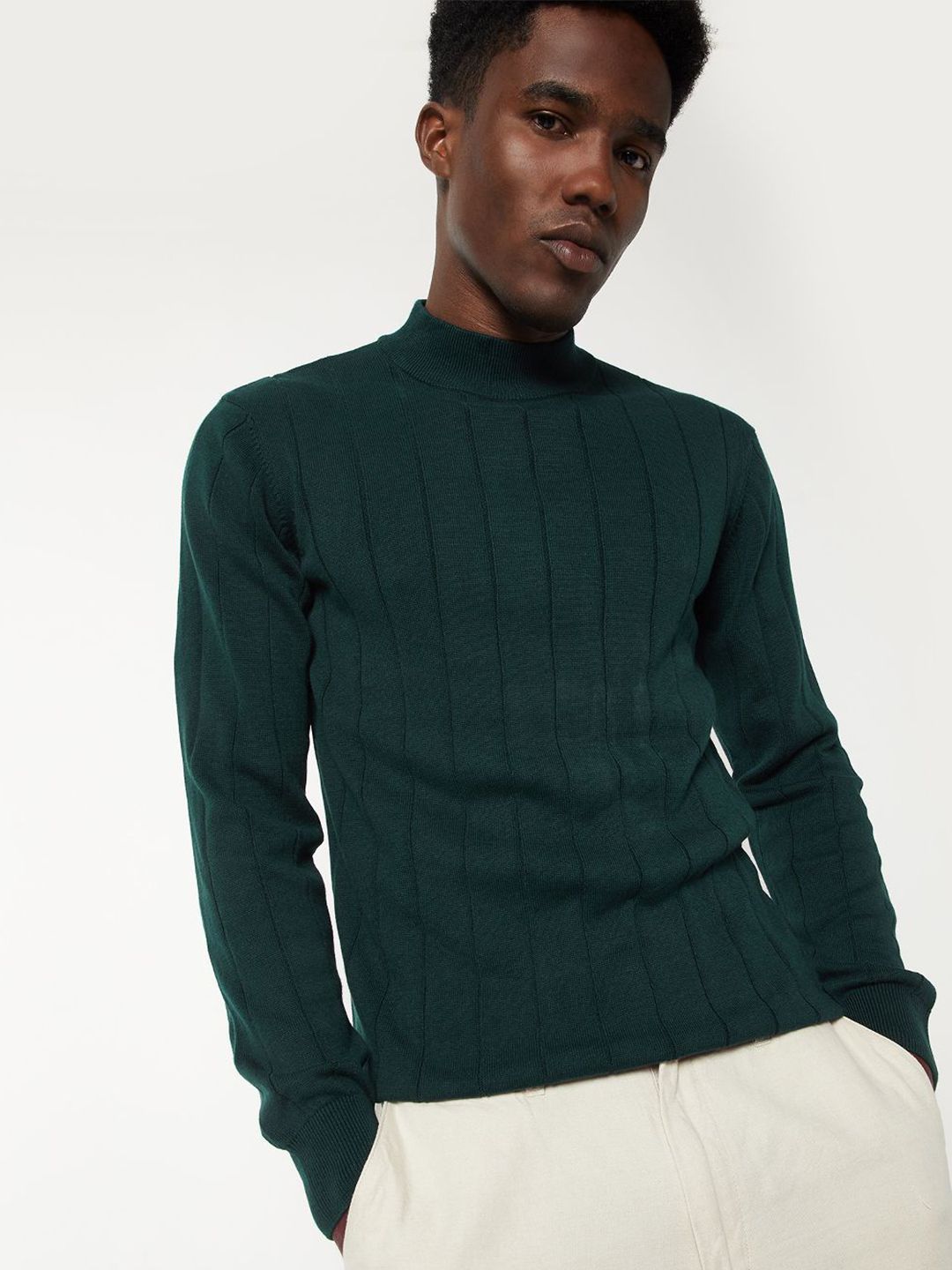 max Men Striped High Neck Full Sleeve Cardigan