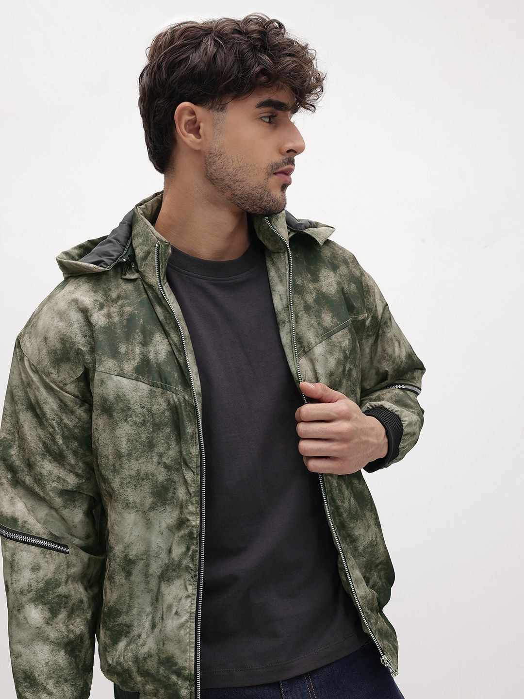 The Roadster Life Co. Camouflage Printed Padded Bomber Jacket with Detachable Hood