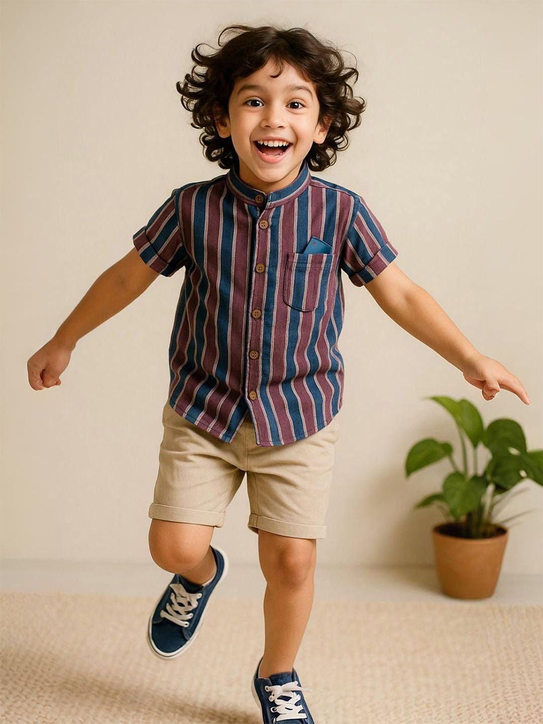 Urban Birdie Boys Cotton Comfort Chinese Collar Striped Casual Shirt