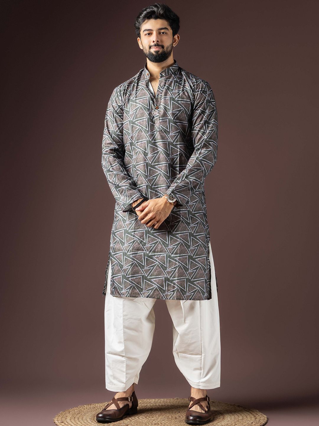 Rawayi Printed Mandarin Collar Straight Kurta