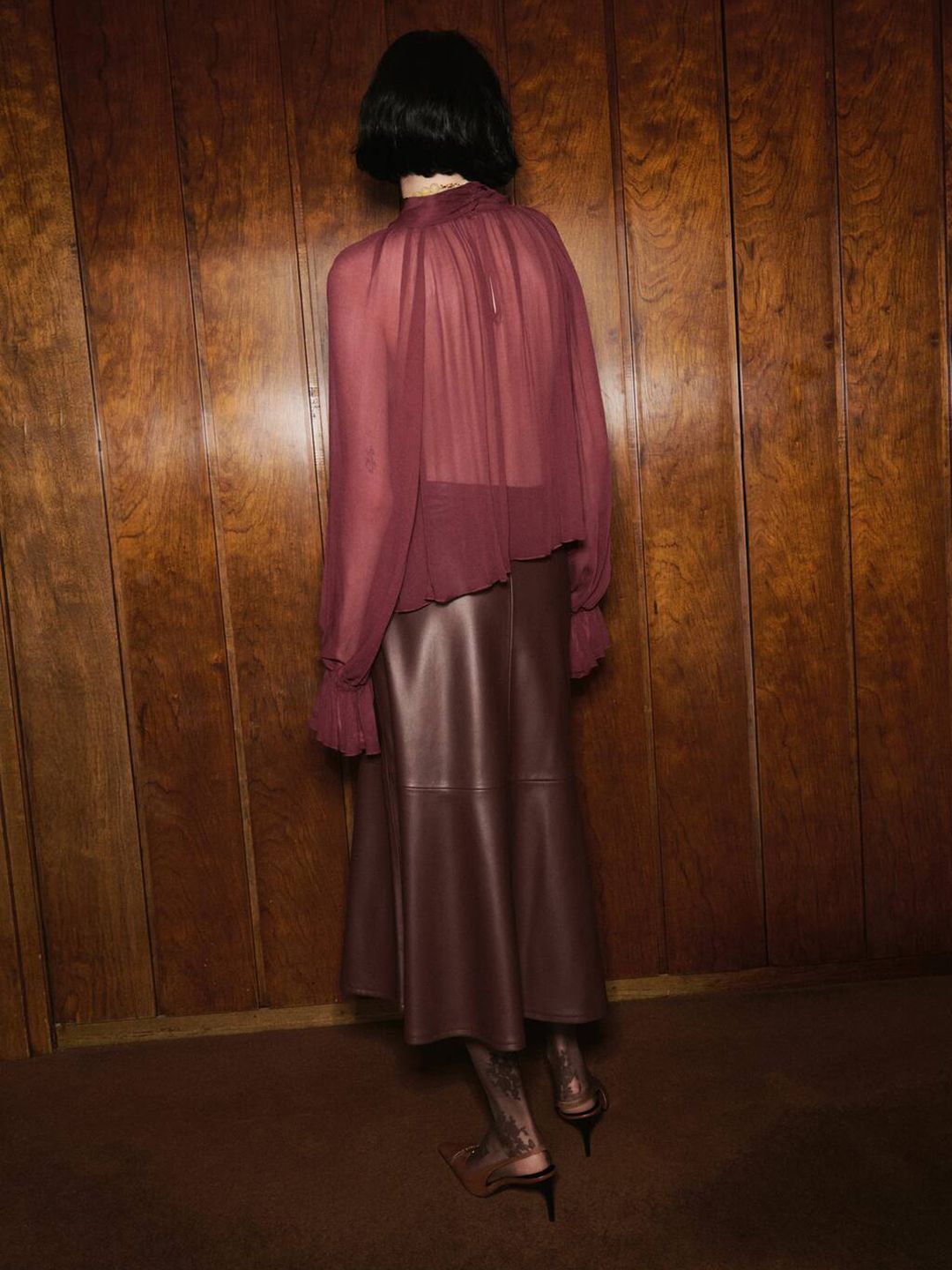 Tie-Up Neck Puff Sleeve Sheer A-Line Top