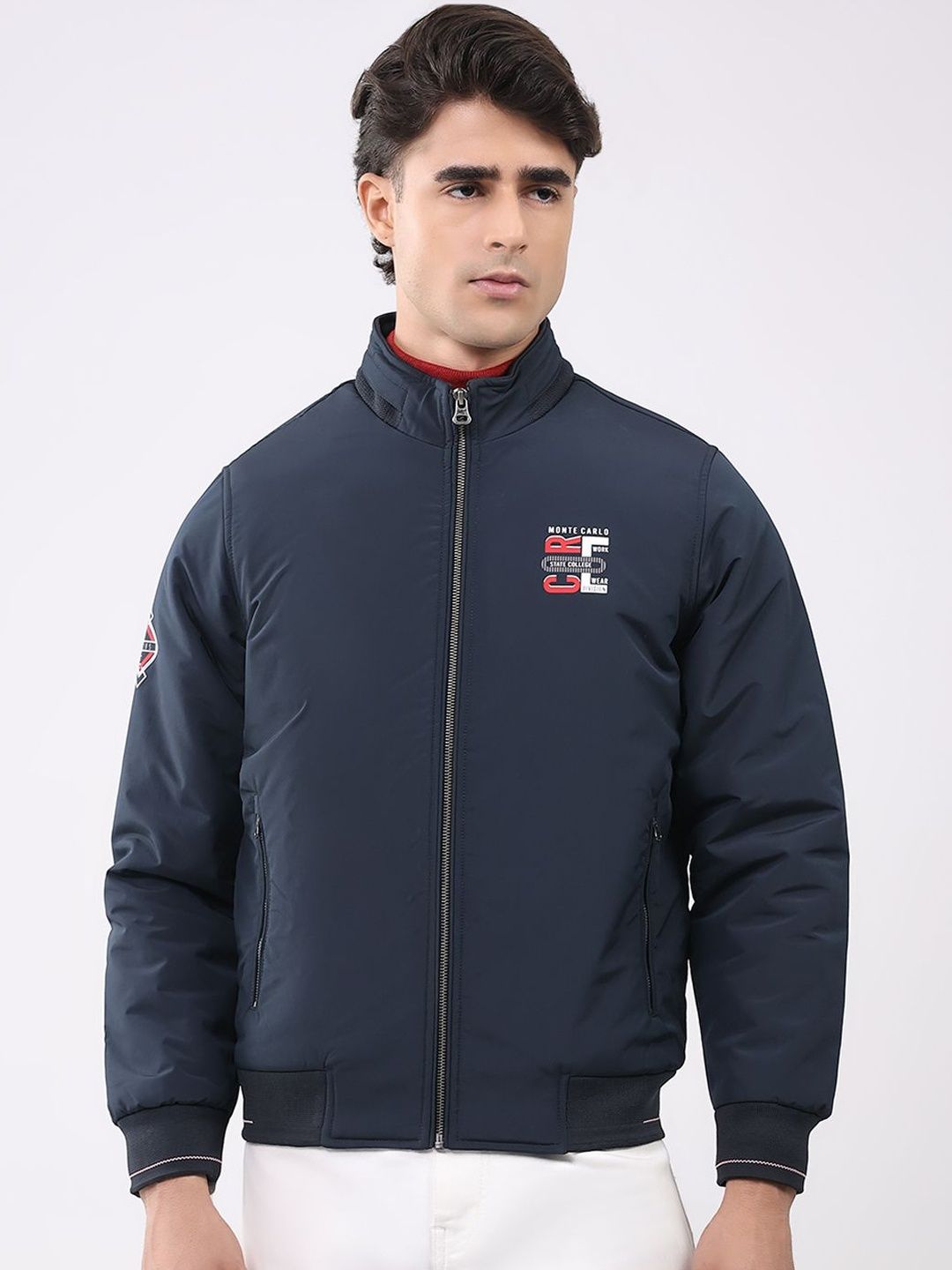Monte Carlo Typography Printed Spread Collar Puffer Jacket