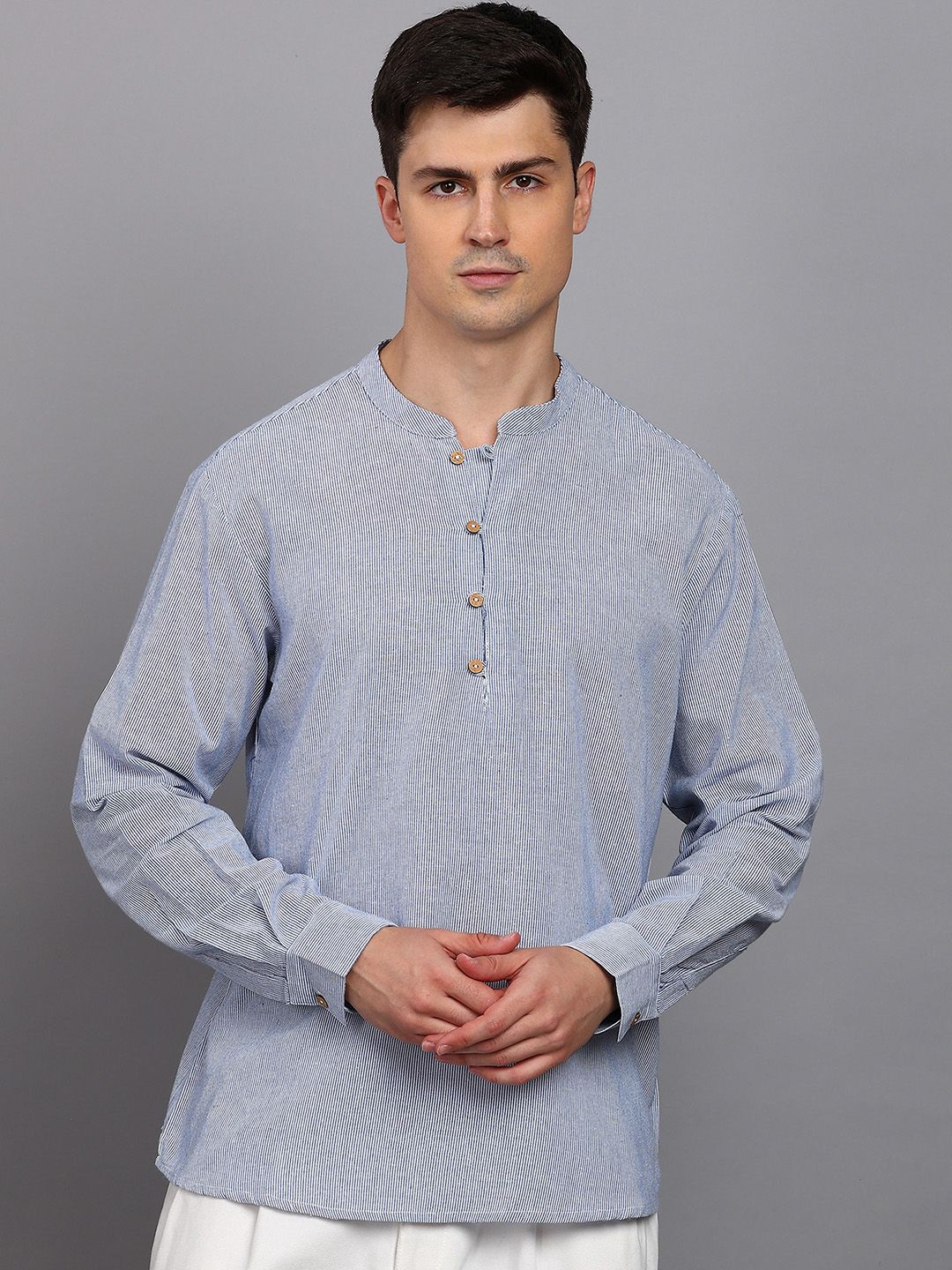 HERE&NOW Striped Mandarin Collar Pure Cotton Short Kurta