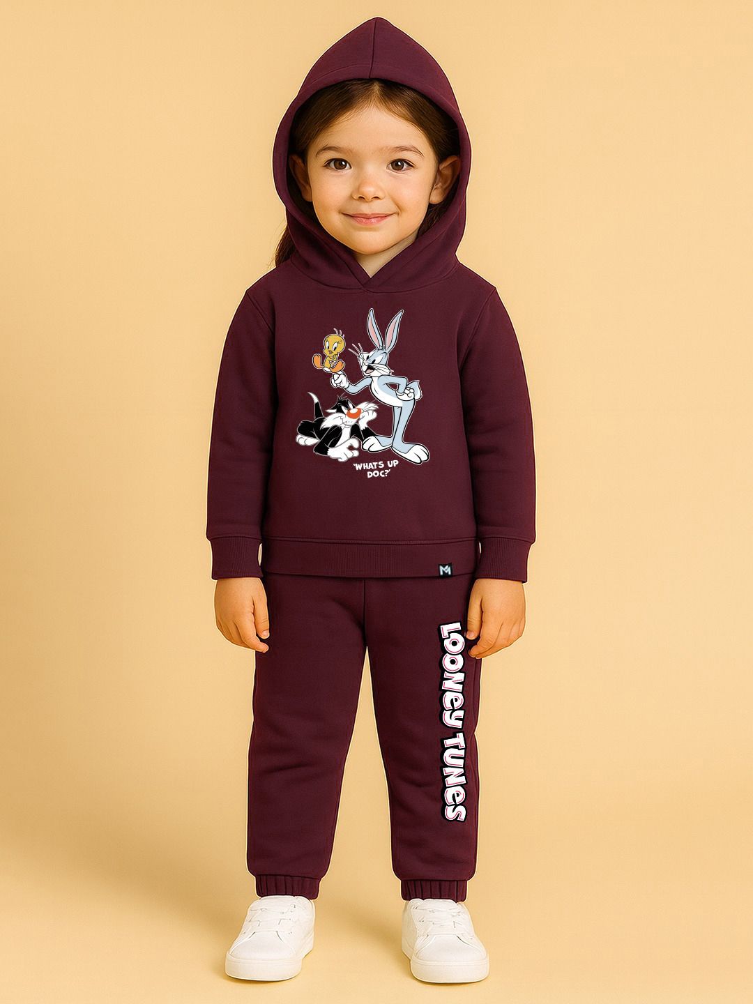 YK X Minute Mirth Girls Looney Tunes Printed Fleece Sweatshirt with Joggers