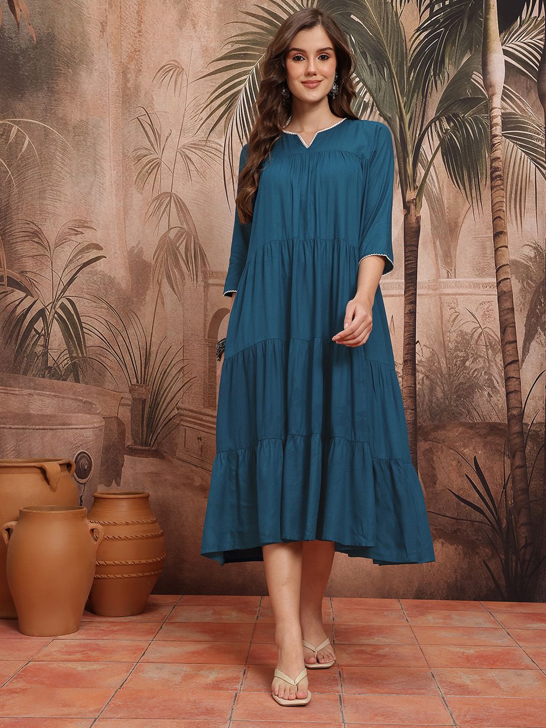 Sangria Lace Detail Tiered Midi A-Line Dress
