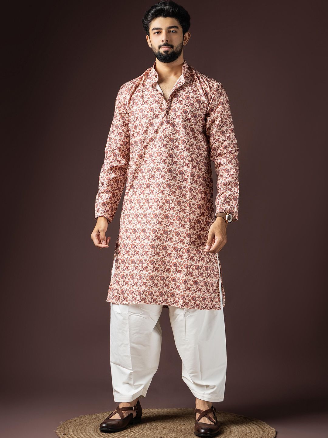 Rawayi Ethnic Motifs Printed Thread Work Mandarin Collar Straight Kurta