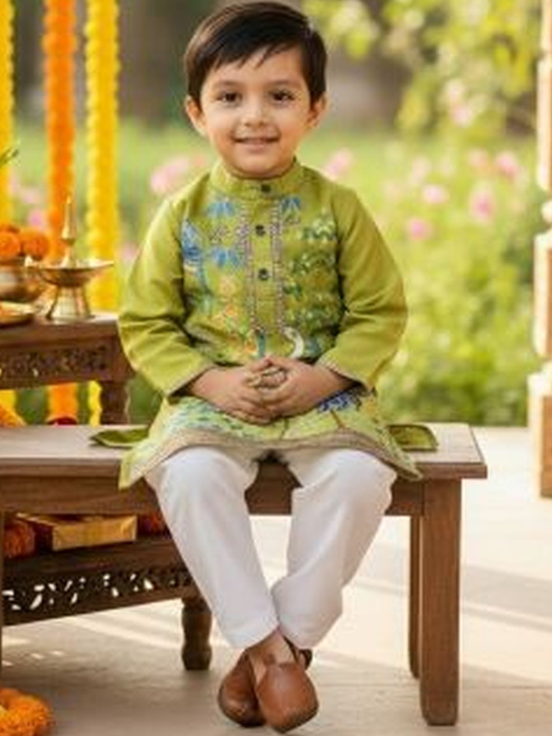 CORD OF LOVE Boys Ethnic Motifs Printed Mandarin Collar Straight Kurta With Trouser