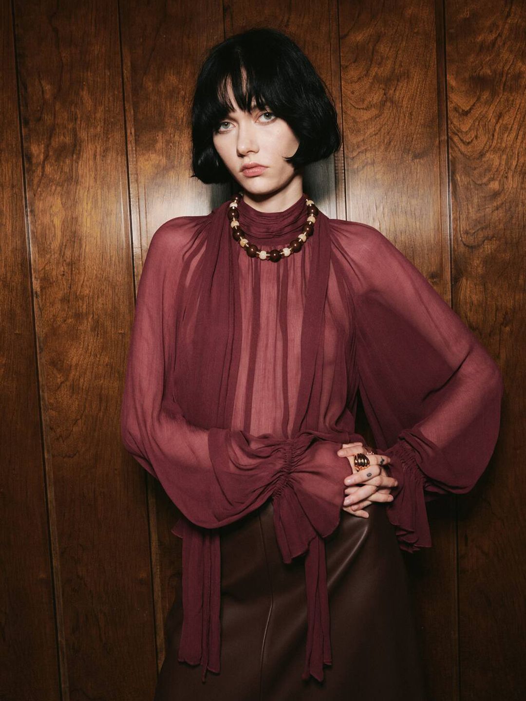 Tie-Up Neck Puff Sleeve Sheer A-Line Top