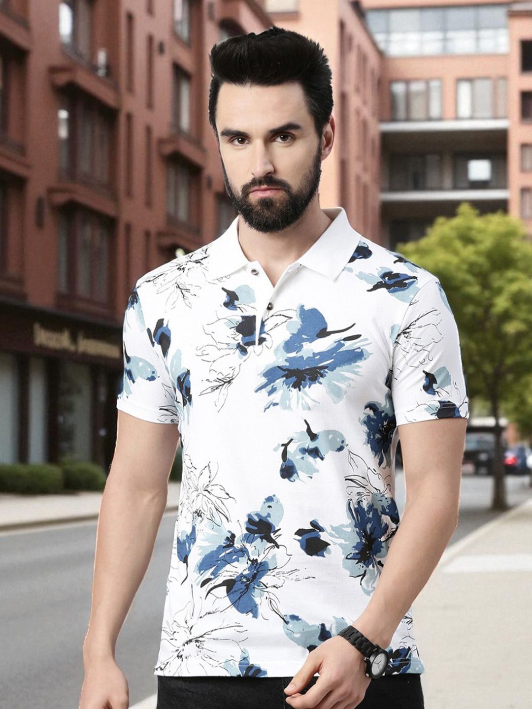 Kryptic Floral Printed Pure Cotton Polo Collar T-shirt