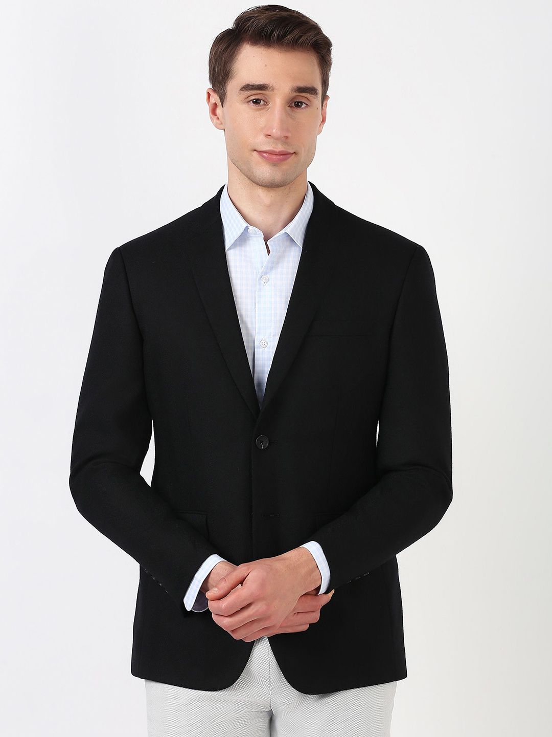 Peter England Elite Peter England Elite Textured Notched Lapel Slim-Fit Single-Breasted Formal Blazer