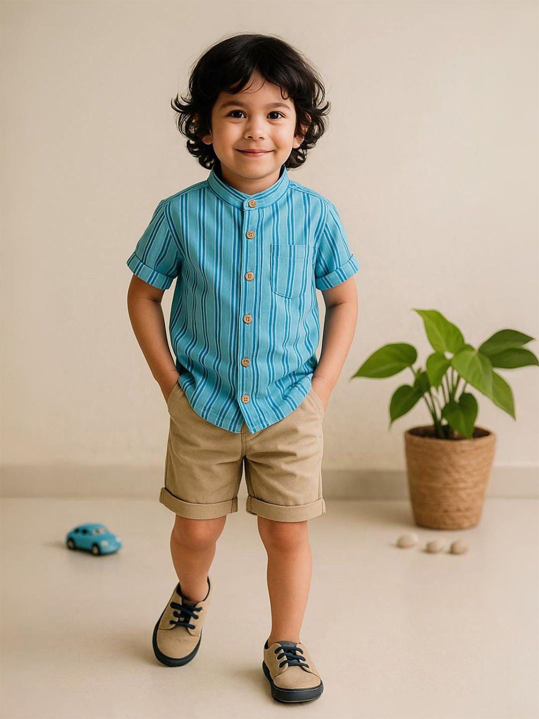 Urban Birdie Boys Comfort Fit Vertical Striped Mandarin Collar Cotton Casual Shirt