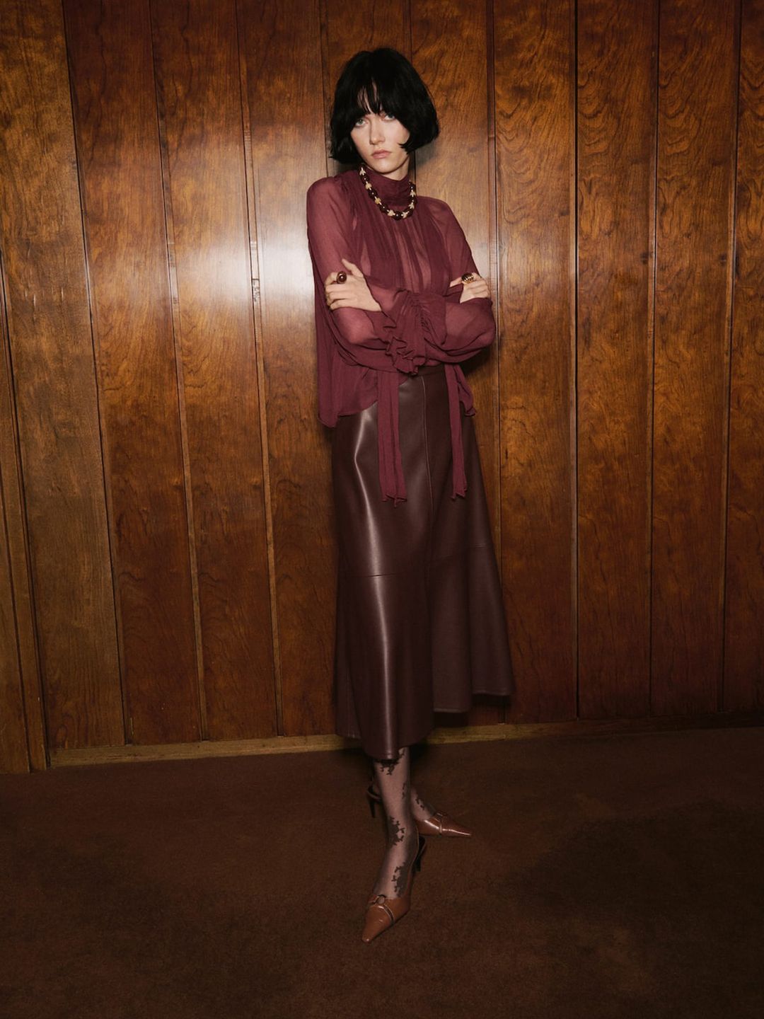 Tie-Up Neck Puff Sleeve Sheer A-Line Top