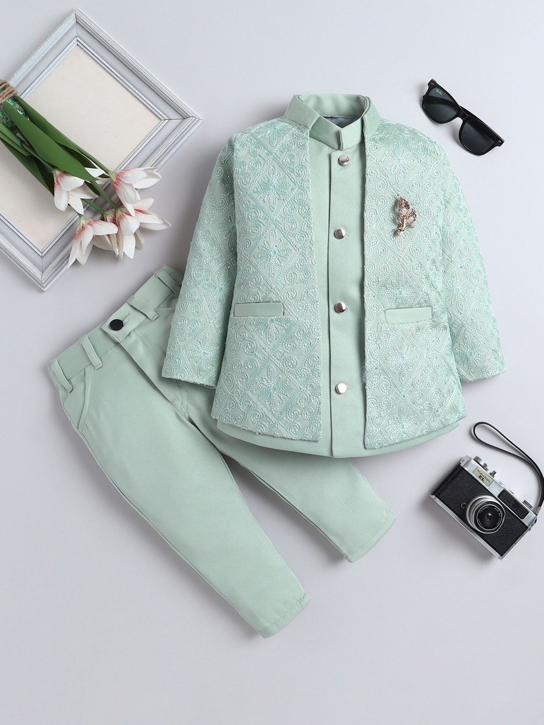 FOURFOLDS Boys Embellished Embroidered Mandarin Collar Sherwani
