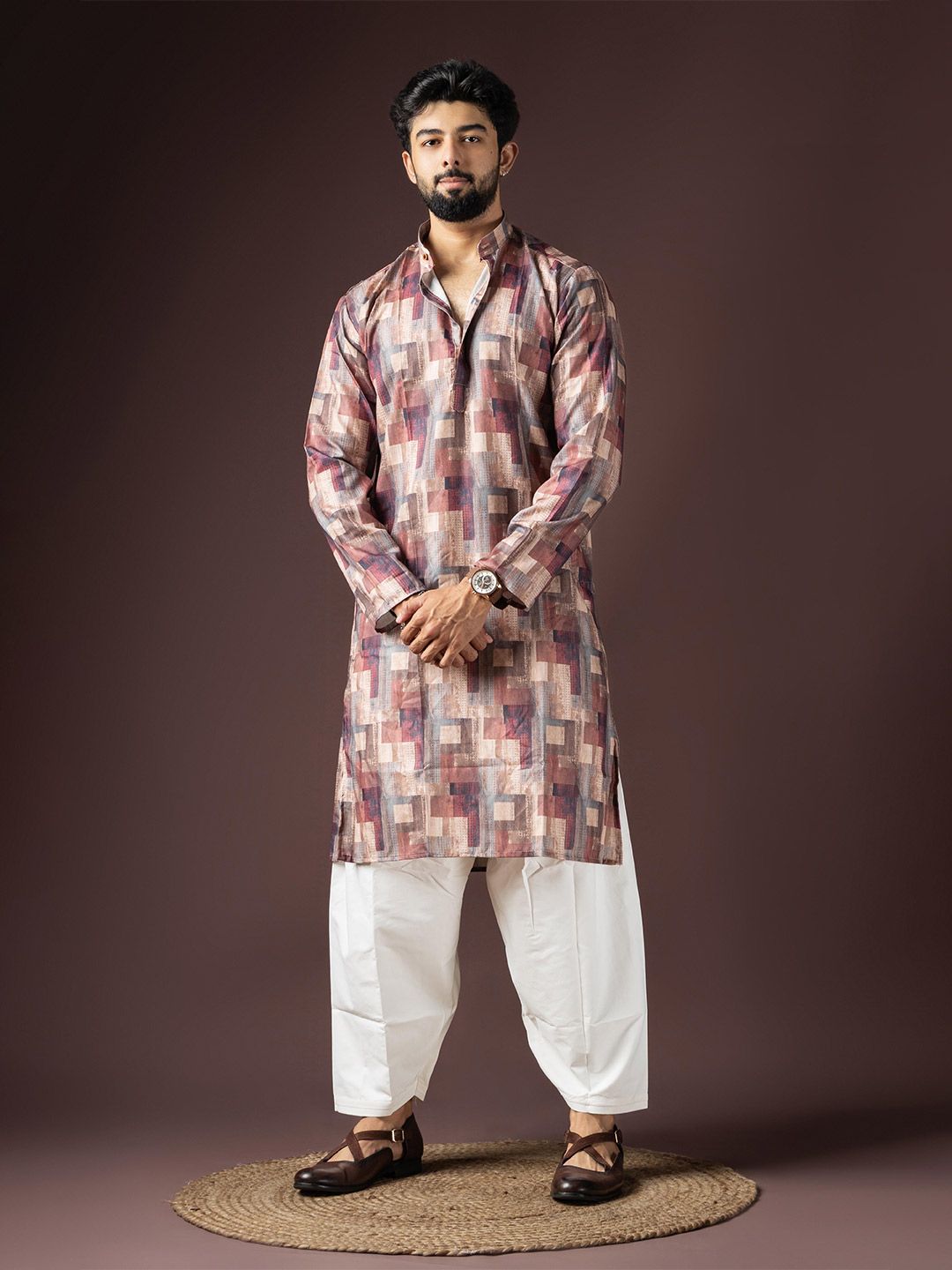 Rawayi Men Checked Festive Cotton Straight Kurta