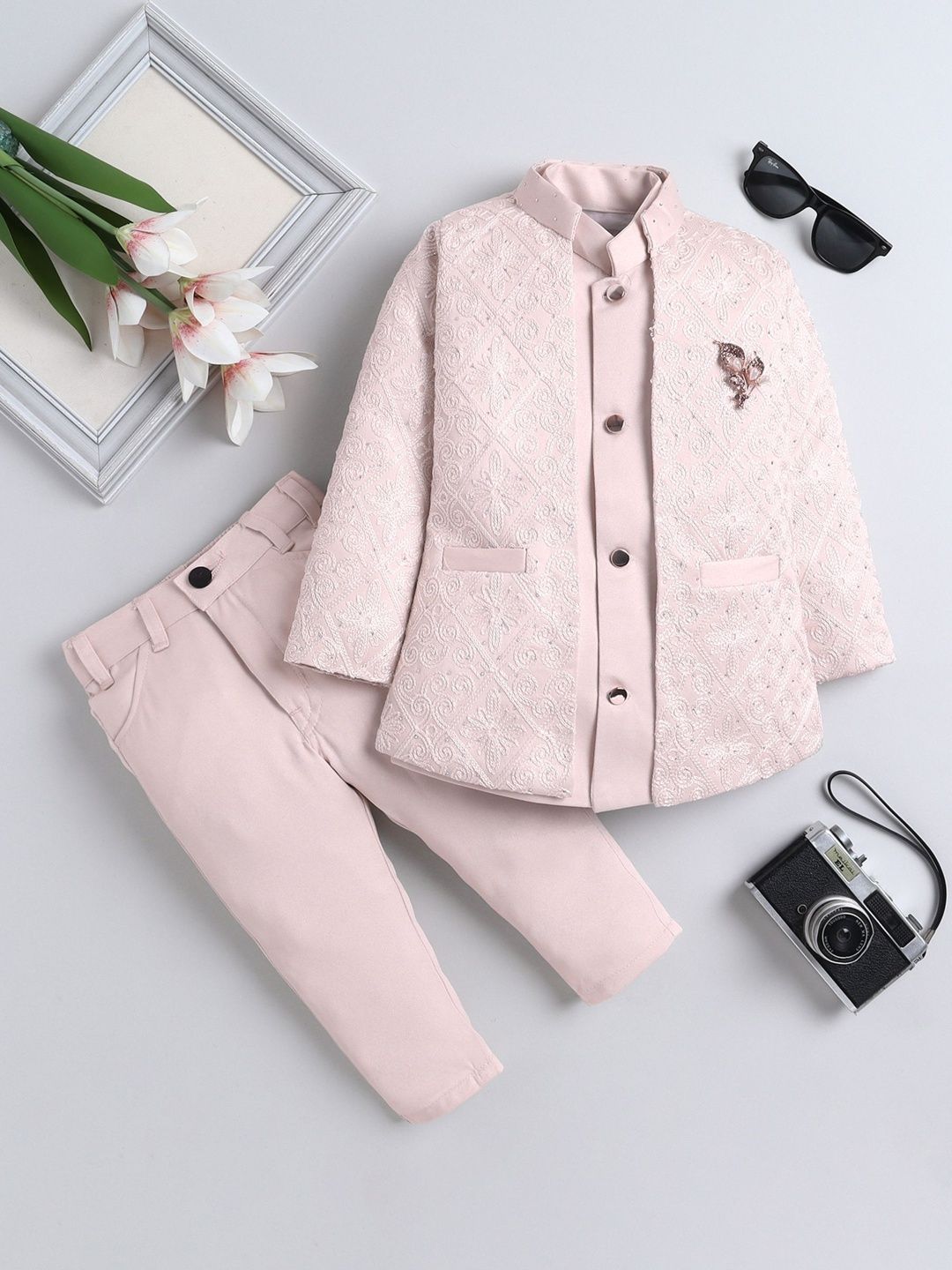 FOURFOLDS Boys Embroidered Mandarin Collar Sherwani Set