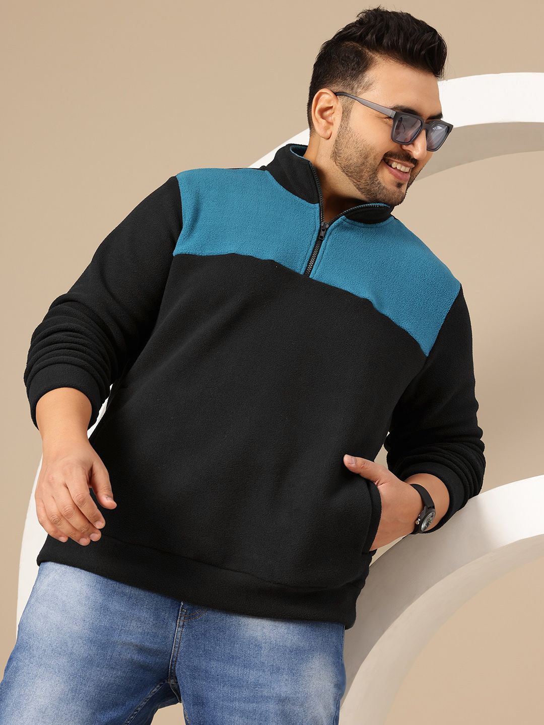 Sztori Plus Size Colourblocked Mock Collar Lightweight Tailored Jacket