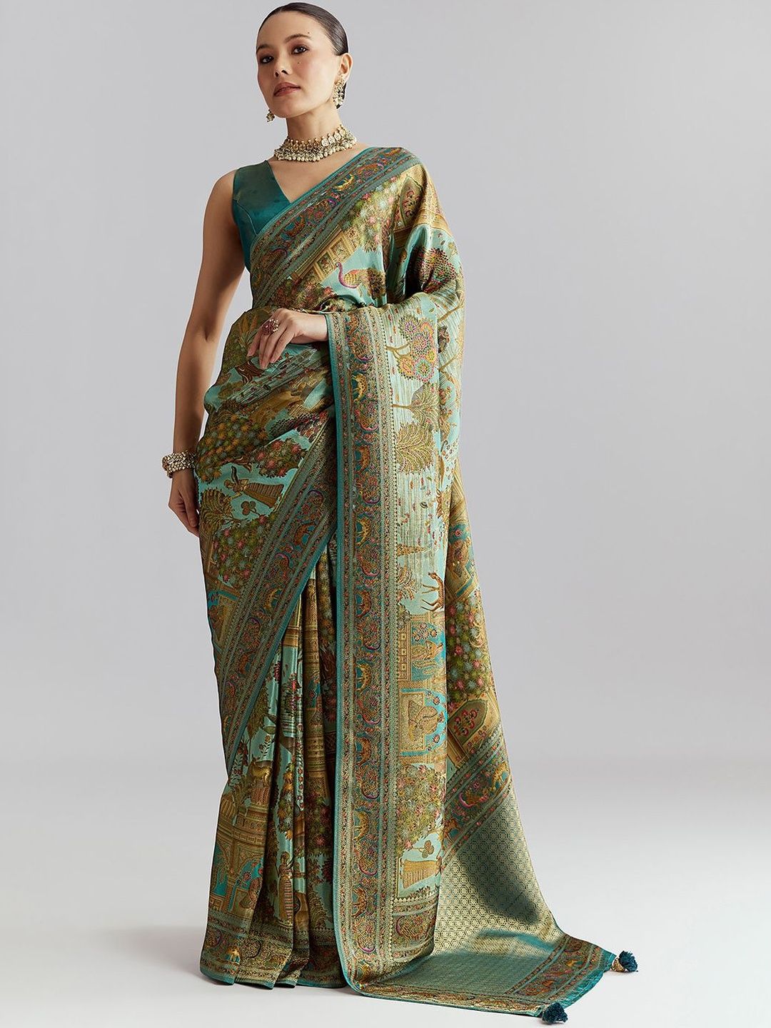 KALKI Fashion KALKI Fashion Ethnic Motifs Woven Design Zari Satin Saree with Unstitched Blouse Piece