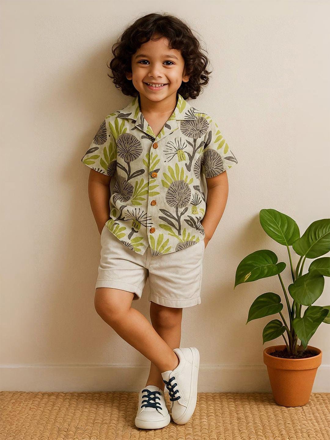 Urban Birdie Boys Comfort Fit Floral Printed Cuban Collar Cotton Casual Shirt