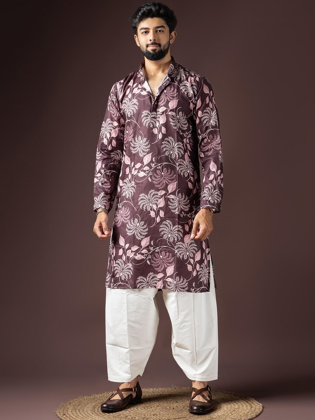 Rawayi Men Floral Printed Festive Cotton Straight Kurta