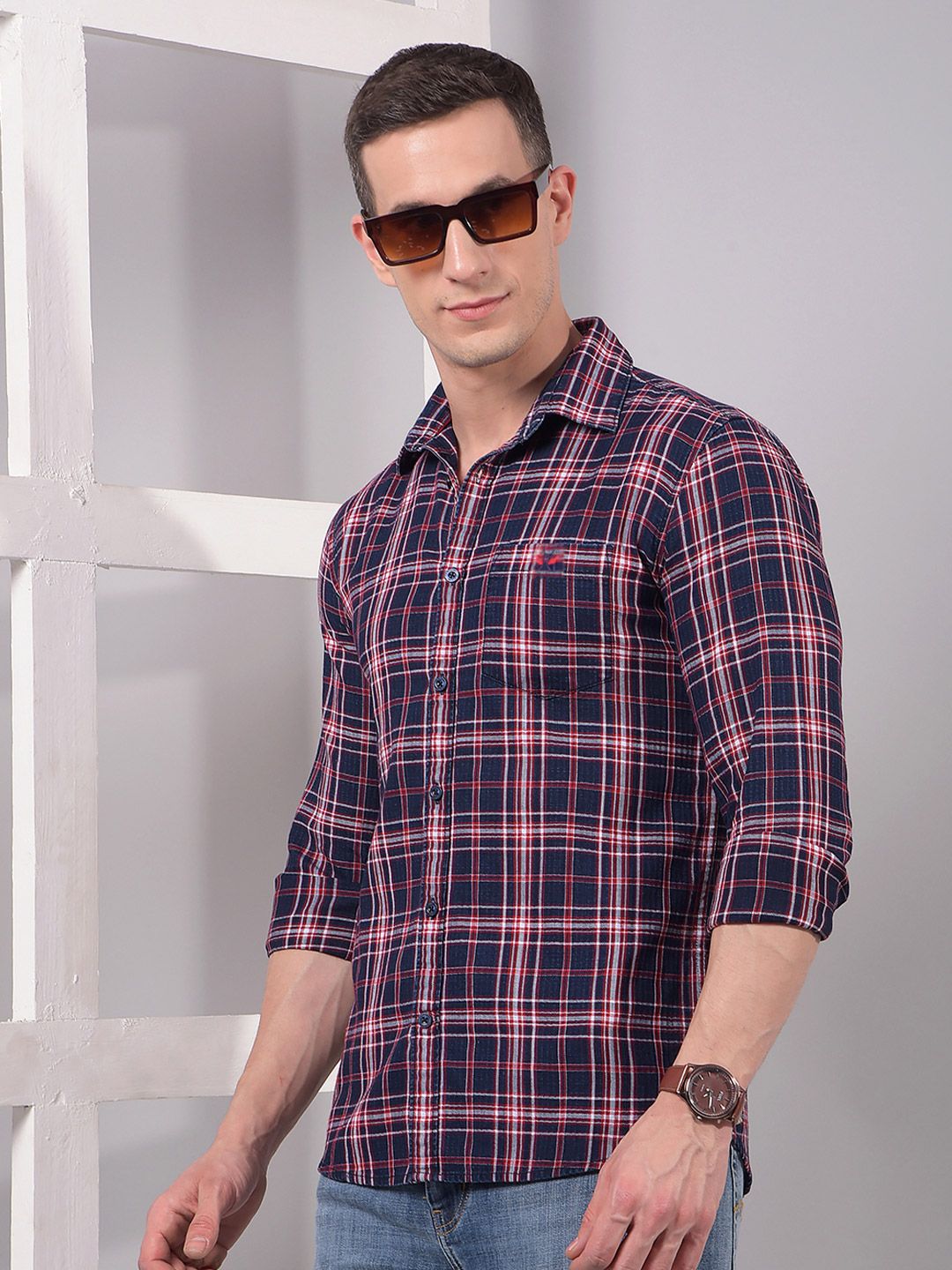 Crimsoune Club Men Classic Slim Fit Tartan Checked Spread Collar Cotton Casual Shirt