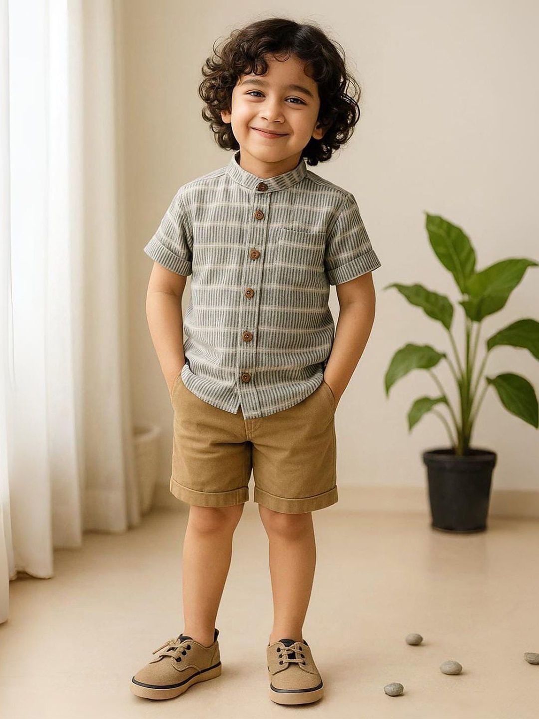Urban Birdie Boys Comfort Fit Vertical Striped Band Collar Cotton Casual Shirt