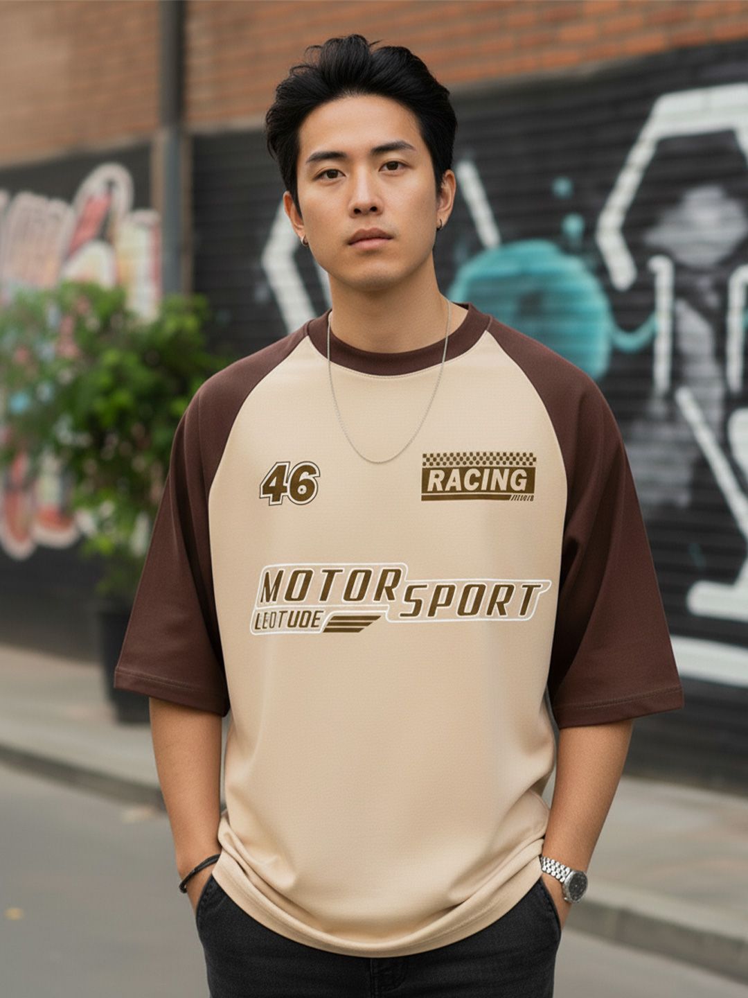 Leotude Typography Round Neck Raglan Sleeves Cotton Oversized T-shirt