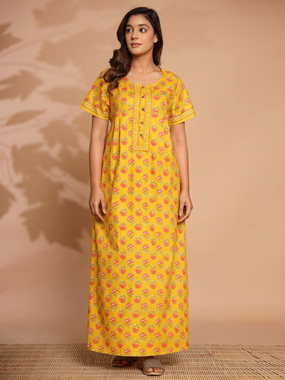 Nihsamah Nihsamah Women Yellow Cotton Printed Maxi Nightdress