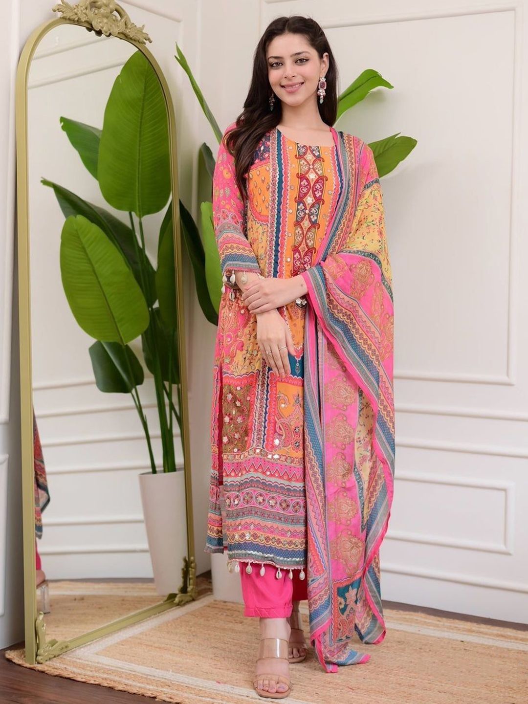 FASHION GALLERIA FASHION GALLERIA Women Ethnic Motifs Printed Sequined Kurta & Palazzo with Dupatta
